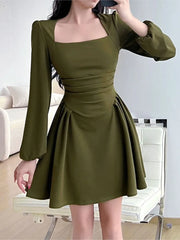 Square Collar Puff Sleeve Elegant Ladies Mini Dress InsStreet