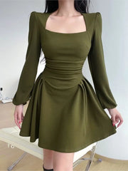 Square Collar Puff Sleeve Elegant Ladies Mini Dress InsStreet