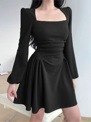 Square Collar Puff Sleeve Elegant Ladies Mini Dress InsStreet