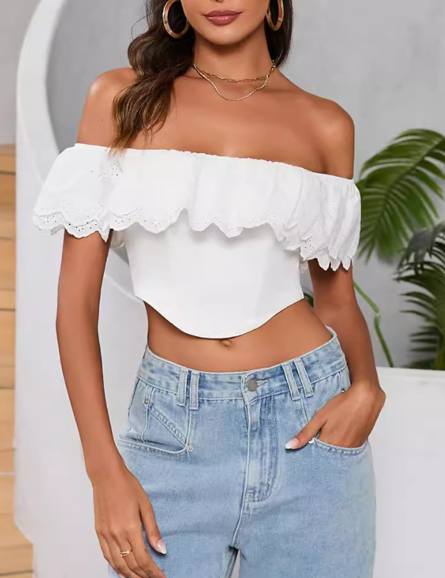 Taine Off The Shoulder Scalloped Crop Top - White Ins Street