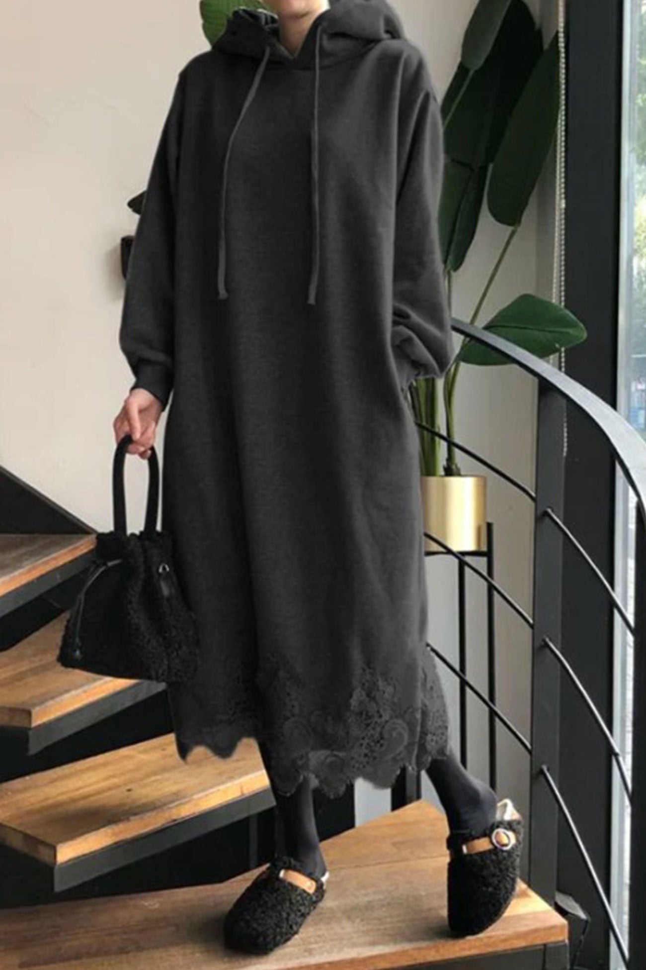 Hoodie Dress with Lace Hem InsStreet