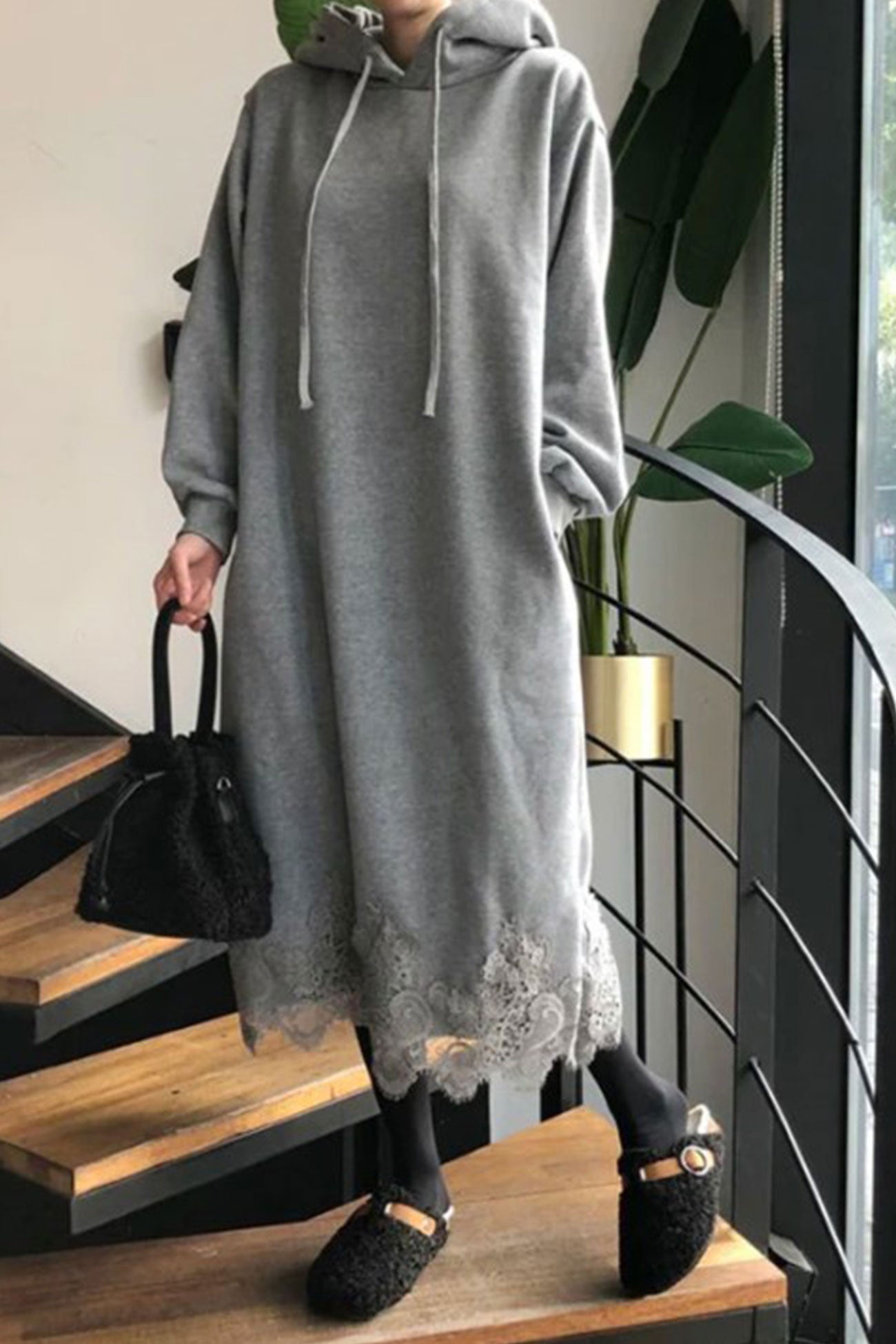 Hoodie Dress with Lace Hem InsStreet