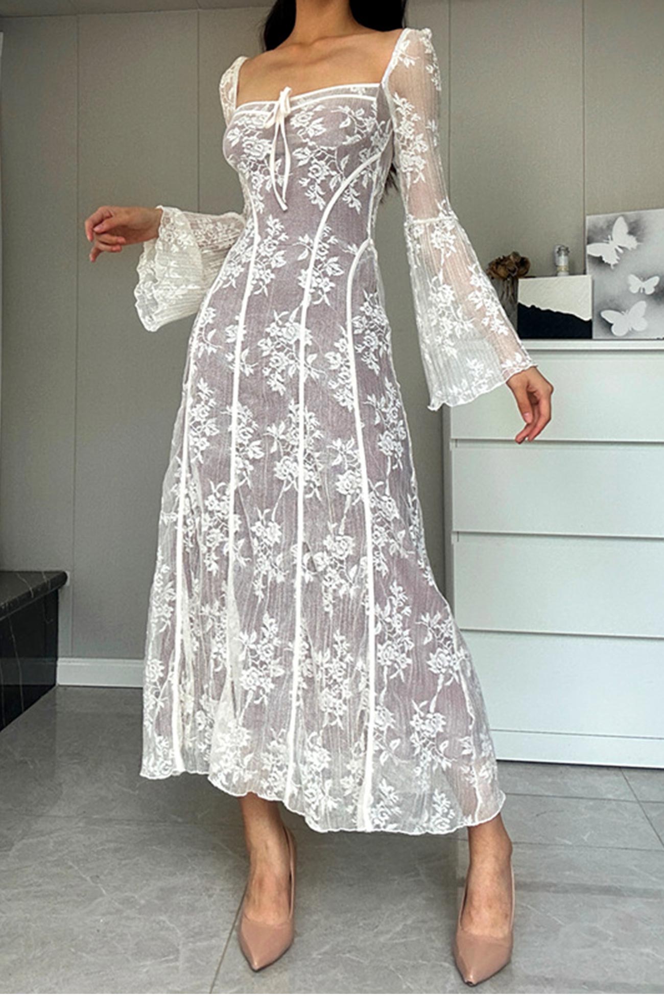 Lace Tie-up Flares Sleeve Midi Dress InsStreet