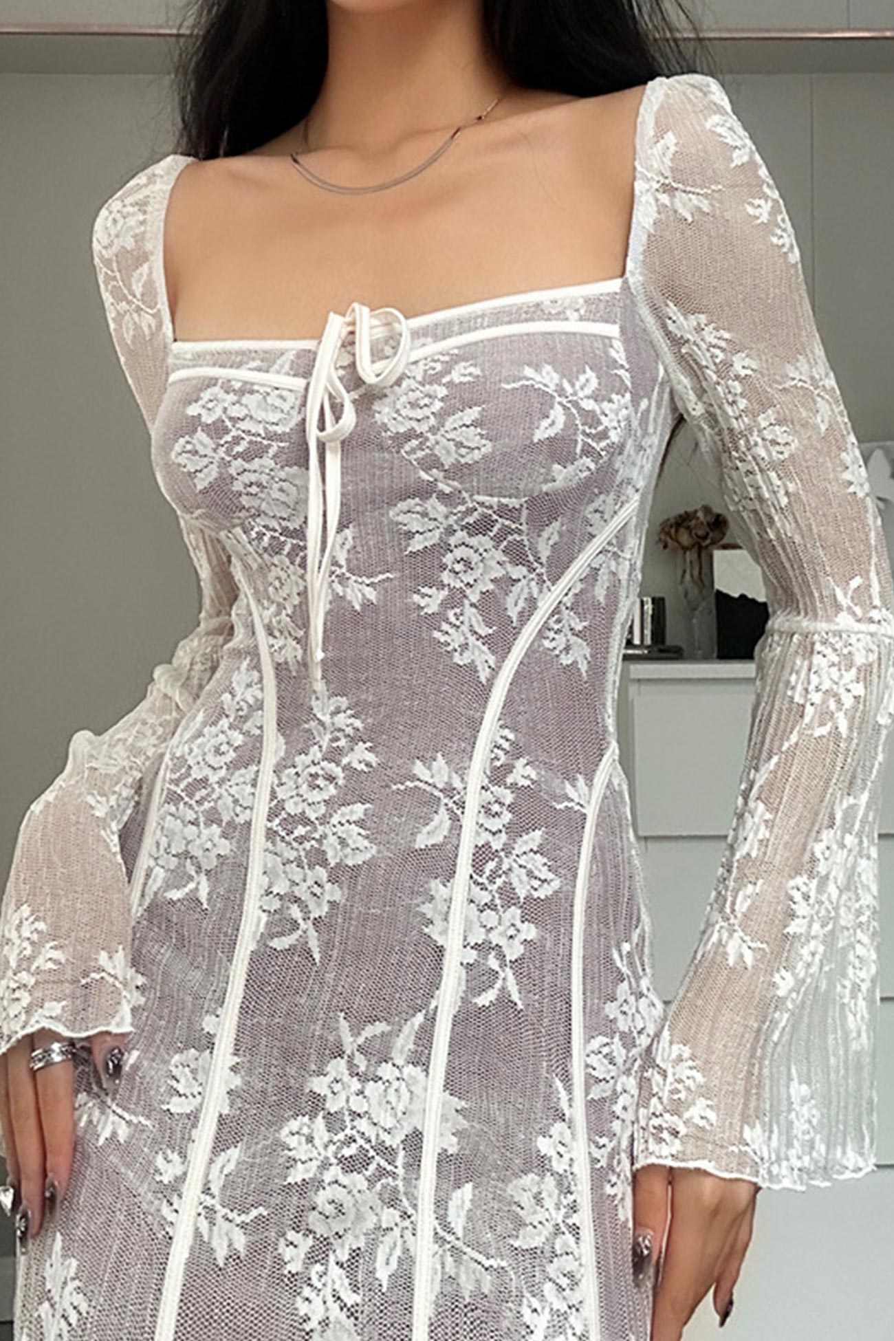 Lace Tie-up Flares Sleeve Midi Dress InsStreet