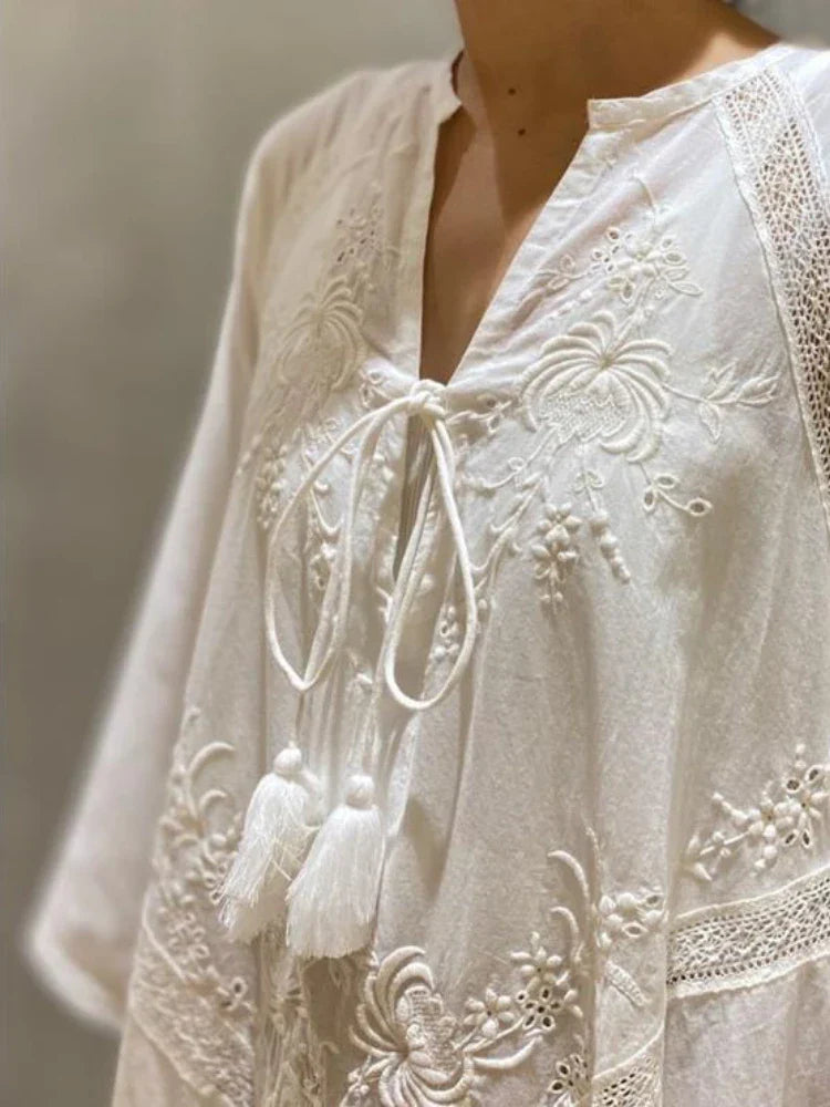 Cotton Linen Beach White V Neck Embroidered Boho Dress InsStreet