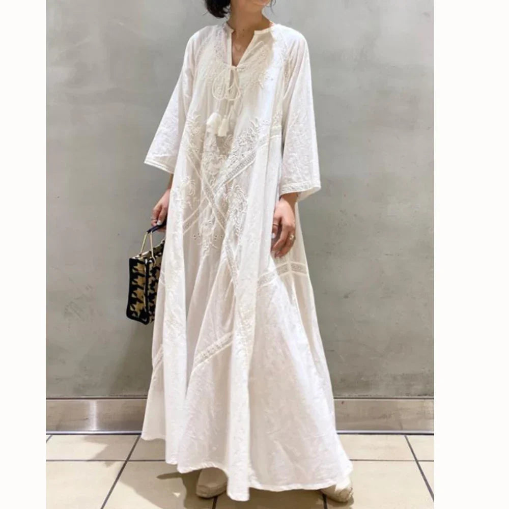 Cotton Linen Beach White V Neck Embroidered Boho Dress InsStreet