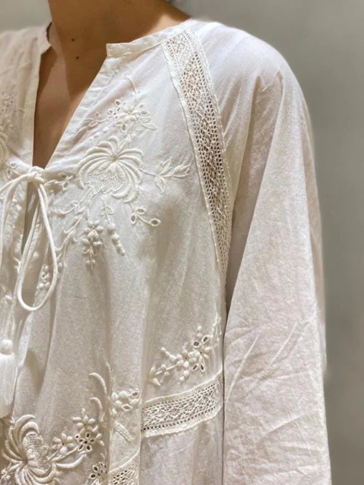 Cotton Linen Beach White V Neck Embroidered Boho Dress InsStreet