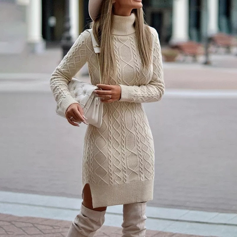 Casual Solid Color Long-Sleeved High-Neck Split Tight Dress InsStreet