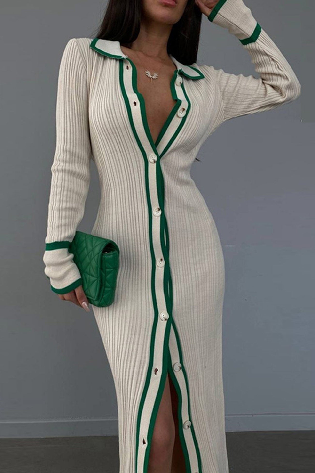 Contrast Ribbed Dress with Lapel InsStreet