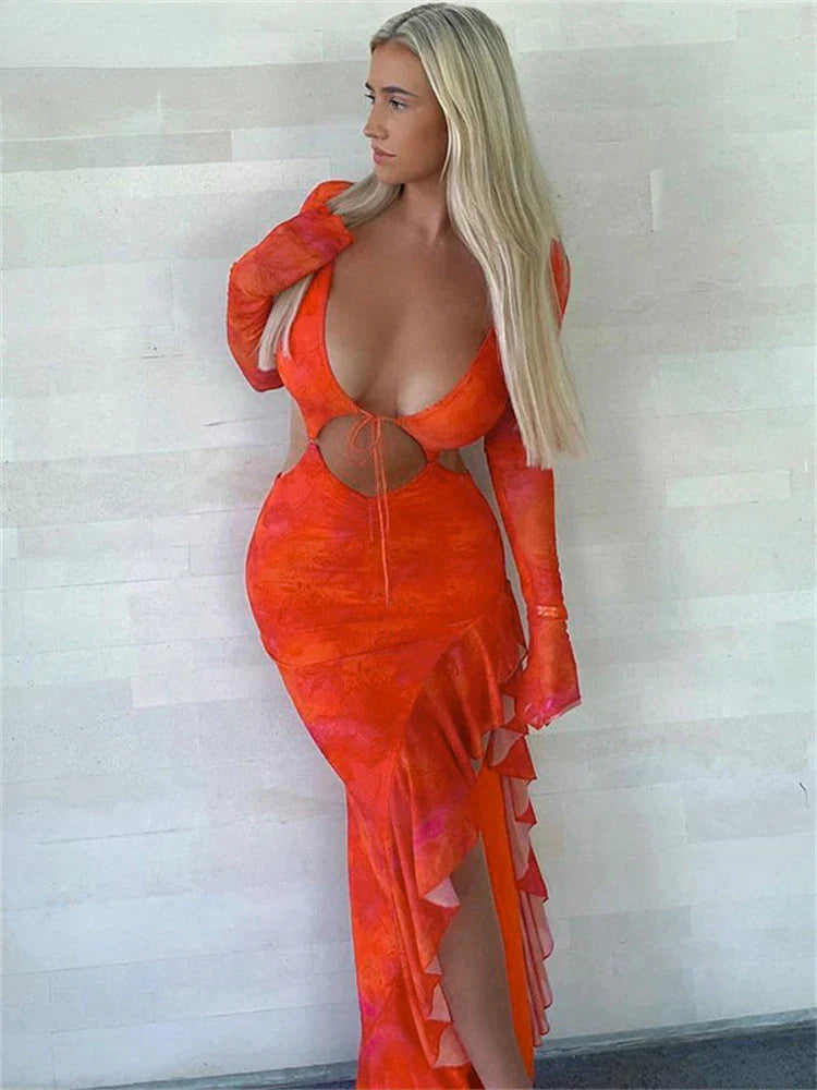 Orange Ruffles Cut Out Long Maxi Dress InsStreet