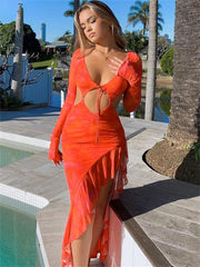 Orange Ruffles Cut Out Long Maxi Dress InsStreet