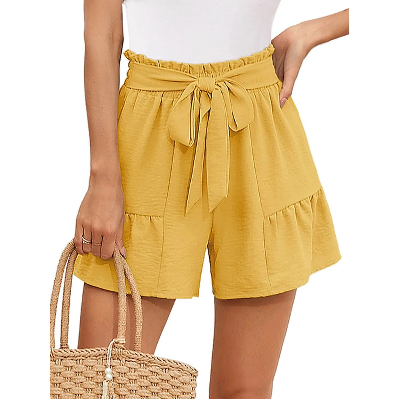 Loose Wide Lightweight High Waisted Adjustable Tie Knot Yellow Short InsStreet