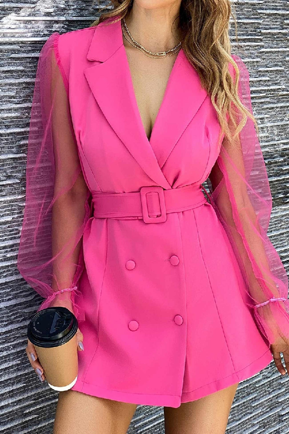 Mesh Sleeves Blazer Dress with Double-breasted Belt InsStreet