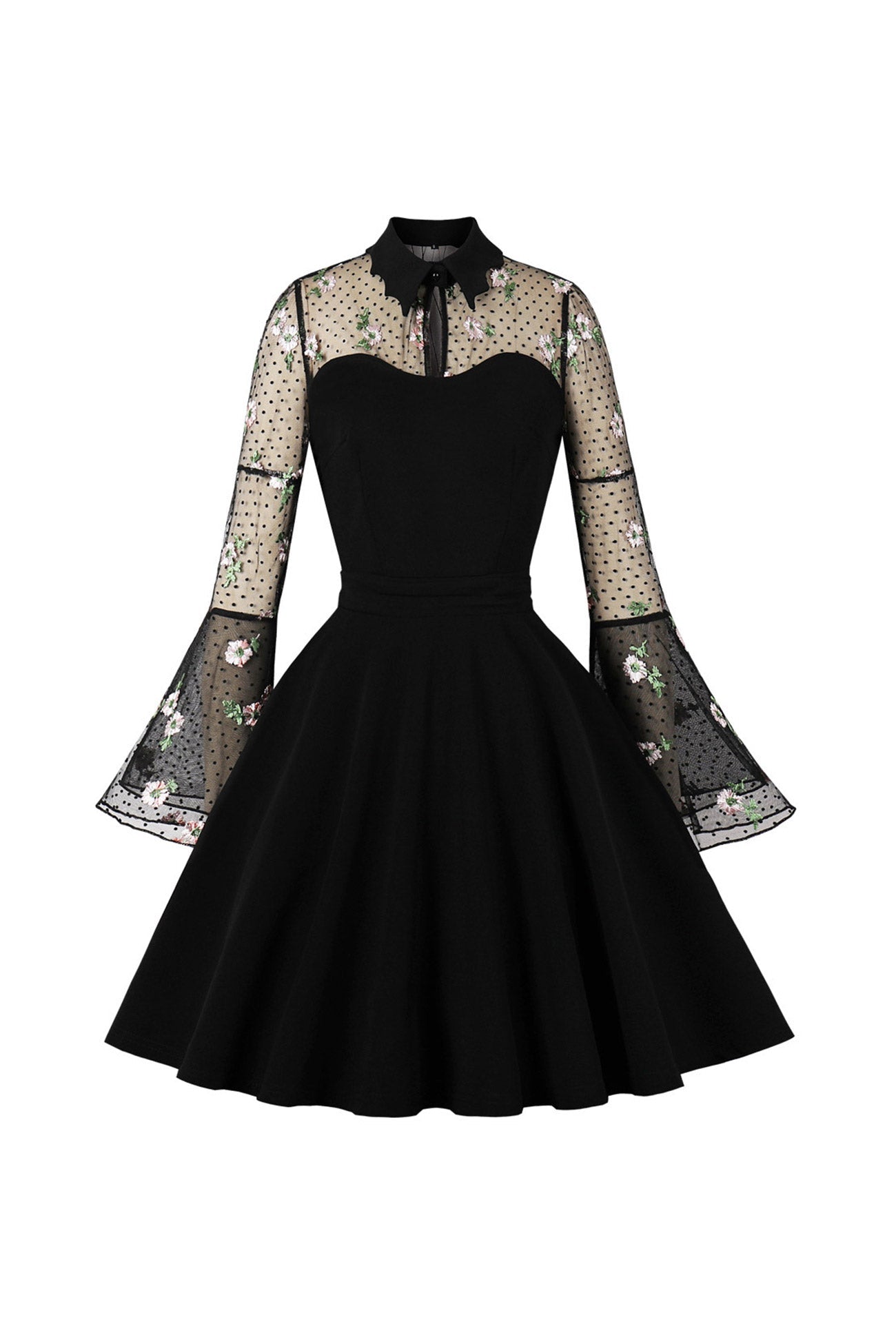 Vintage Dress with Mesh Embroidery and Flare Sleeves InsStreet