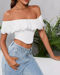 Taine Off The Shoulder Scalloped Crop Top - White Ins Street