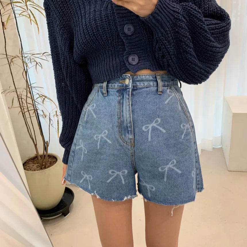 Summer Denim High Waist Printed Burrs Streetwear Mini Blue Color Jeans Short InsStreet