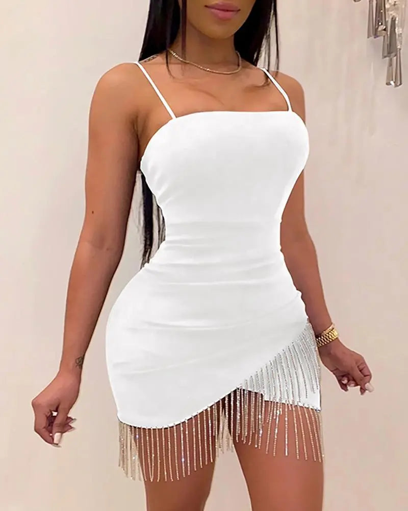 Woman Party Night Birthday Tassel Split Sleeveless Bodycon Mini Dress InsStreet