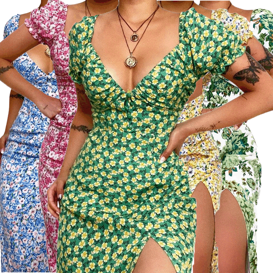 Deep V-Neck Short Sleeve Printed Mini Dress ins