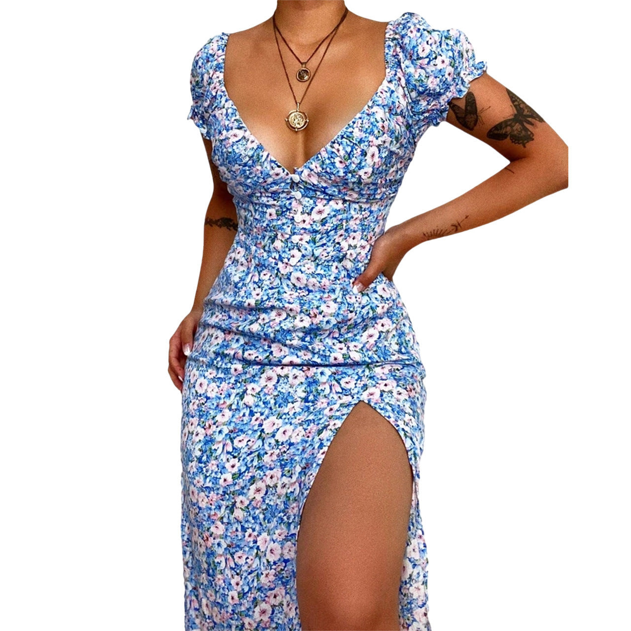 Deep V-Neck Short Sleeve Printed Mini Dress ins