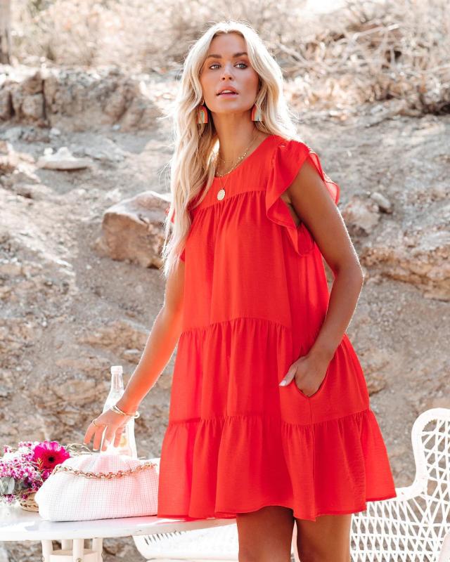 East Coast Pocketed Tiered Babydoll Dress - Red Ins Street