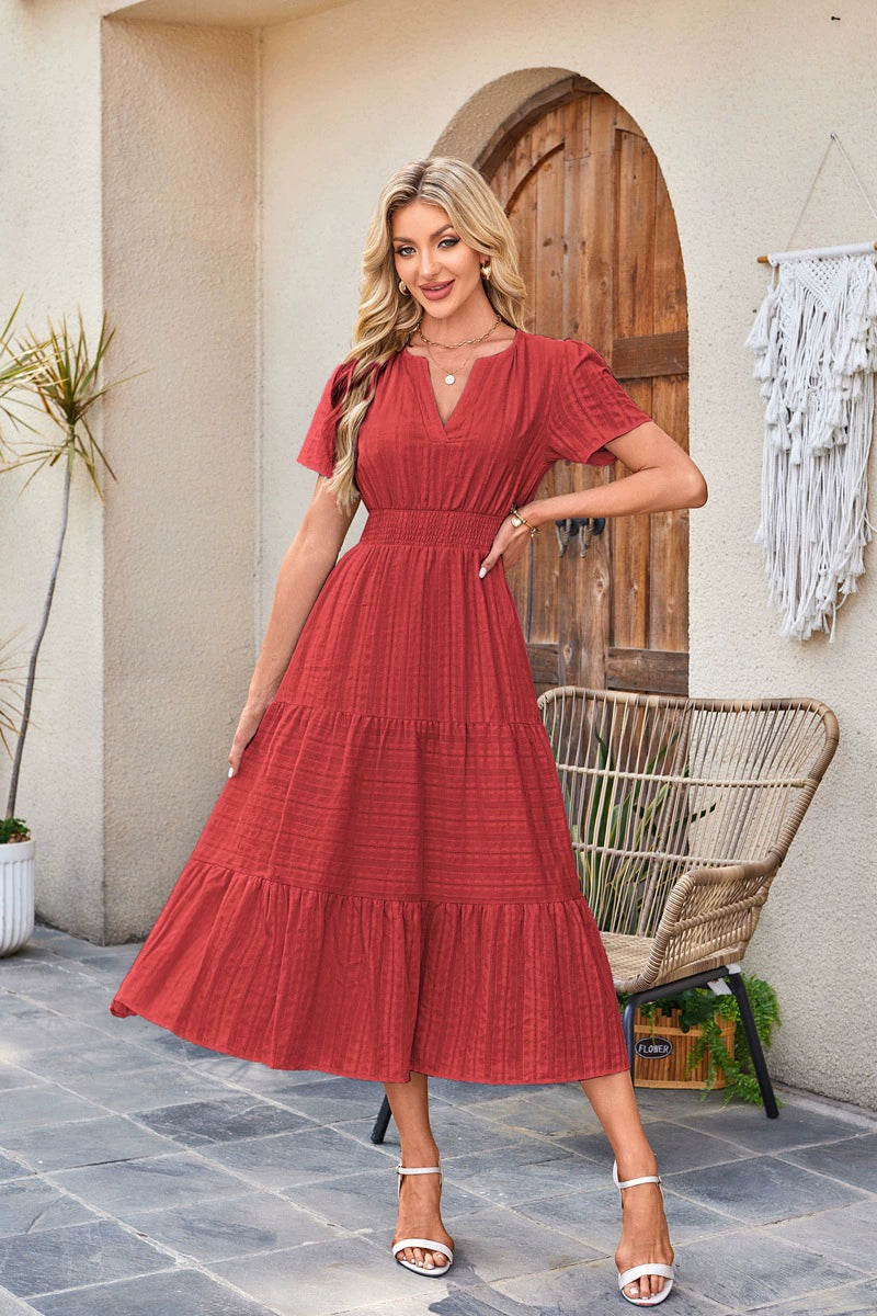 V-Neck Pleated Puff Sleeves Long-Sleeved Dress Ins Street