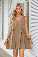 V-Neck Sleeveless Pleated Vest Pocket Dress Ins Street