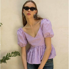 Jenissa Cotton Gingham Puff Sleeve Peplum Top - Bubblegum Pink - FINAL SALE Ins Street