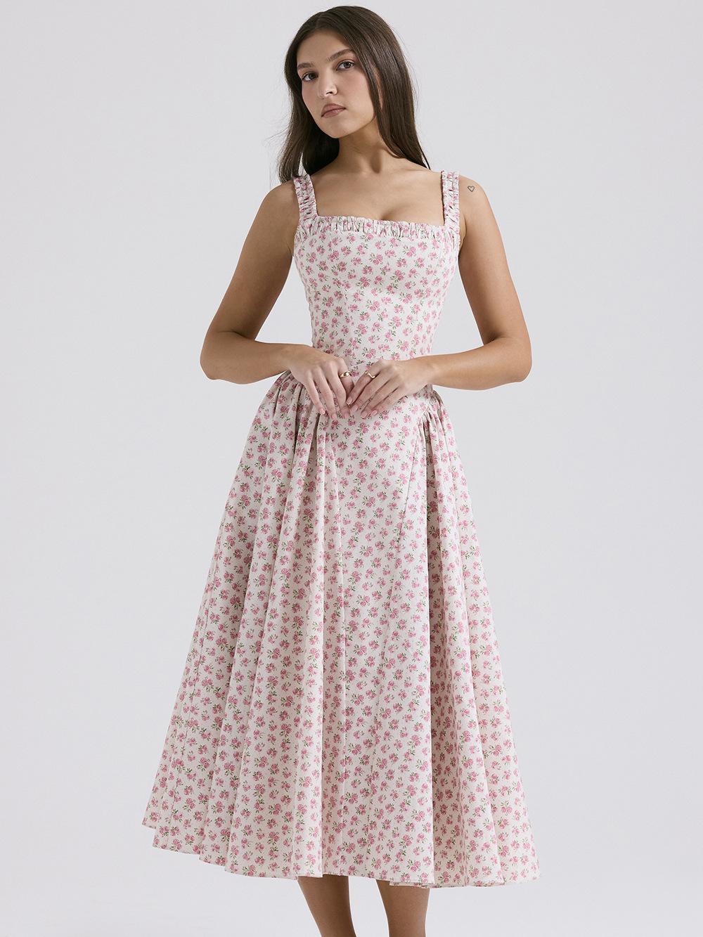 Vintage Women  Sleeveless Deep V-neck Ruched Backless Floral Print Summer Beach Female Vestidos InsStreet