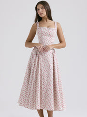 Vintage Women  Sleeveless Deep V-neck Ruched Backless Floral Print Summer Beach Female Vestidos InsStreet