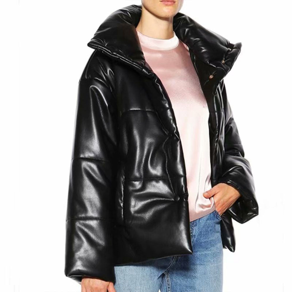 Cade Pocketed Faux Leather Puffer Jacket - Brown Ins Street