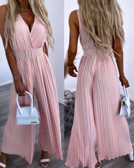 High Tea Pleated Wide Leg Belted Jumpsuit - Sage Ins Street