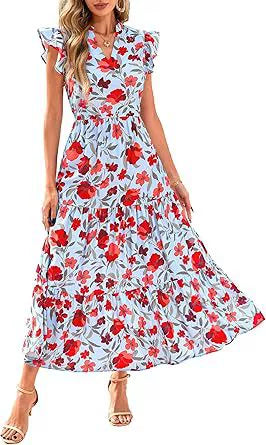 V-Neck Pleated Flying Sleeves Printed Midi Dress Ins street