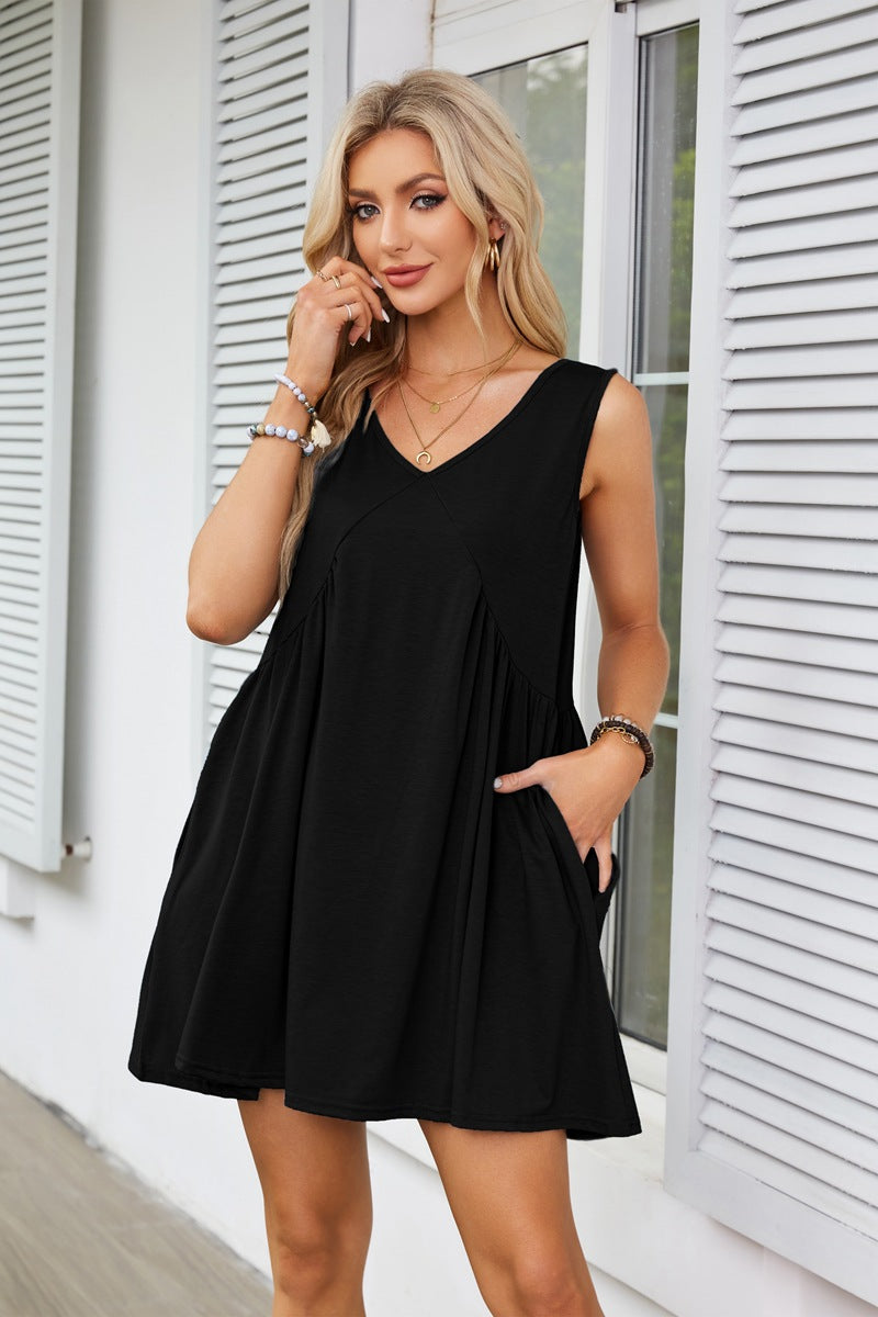 V-Neck Sleeveless Pleated Vest Pocket Dress Ins Street
