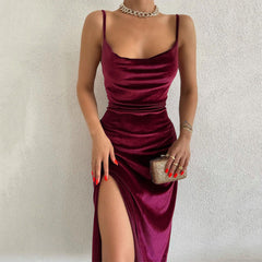 Festive Cheer Velvet Charming Slit Midi Dress InsStreet