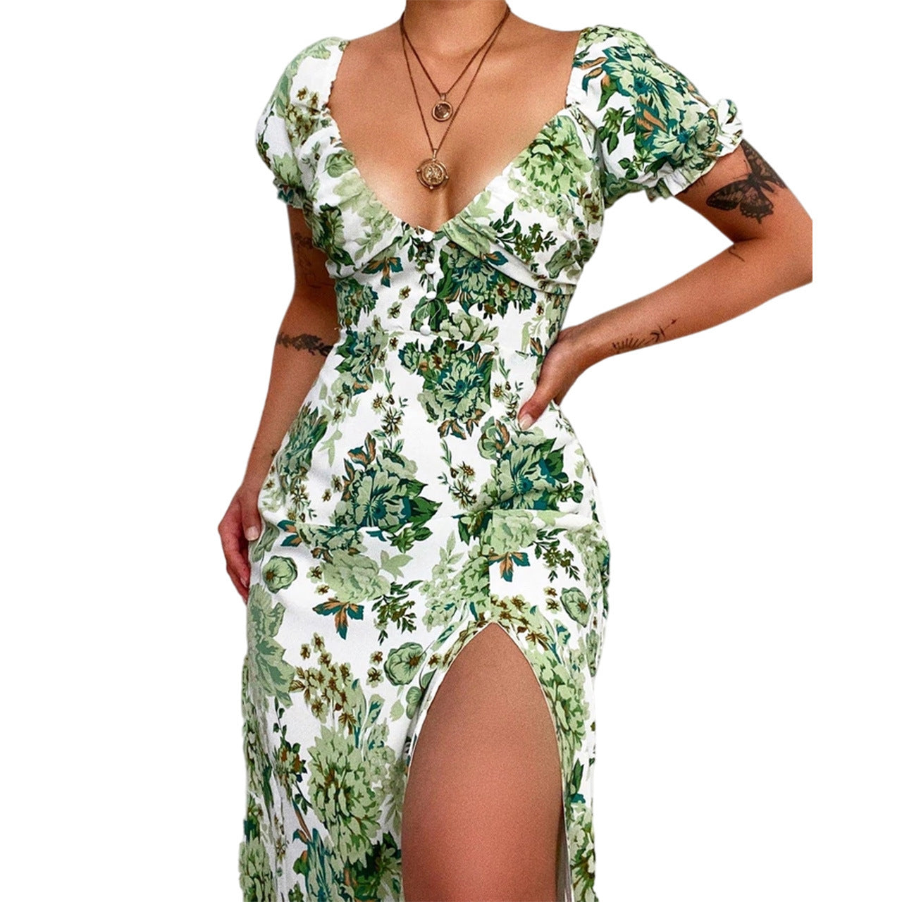 Deep V-Neck Short Sleeve Printed Mini Dress ins