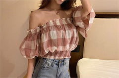 Prisha Cotton Plaid Off The Shoulder Top - FINAL SALE Ins Street