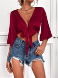 Angel Dust Bell Sleeve Tie Front Crop Top - Tomato Red TYCH-001