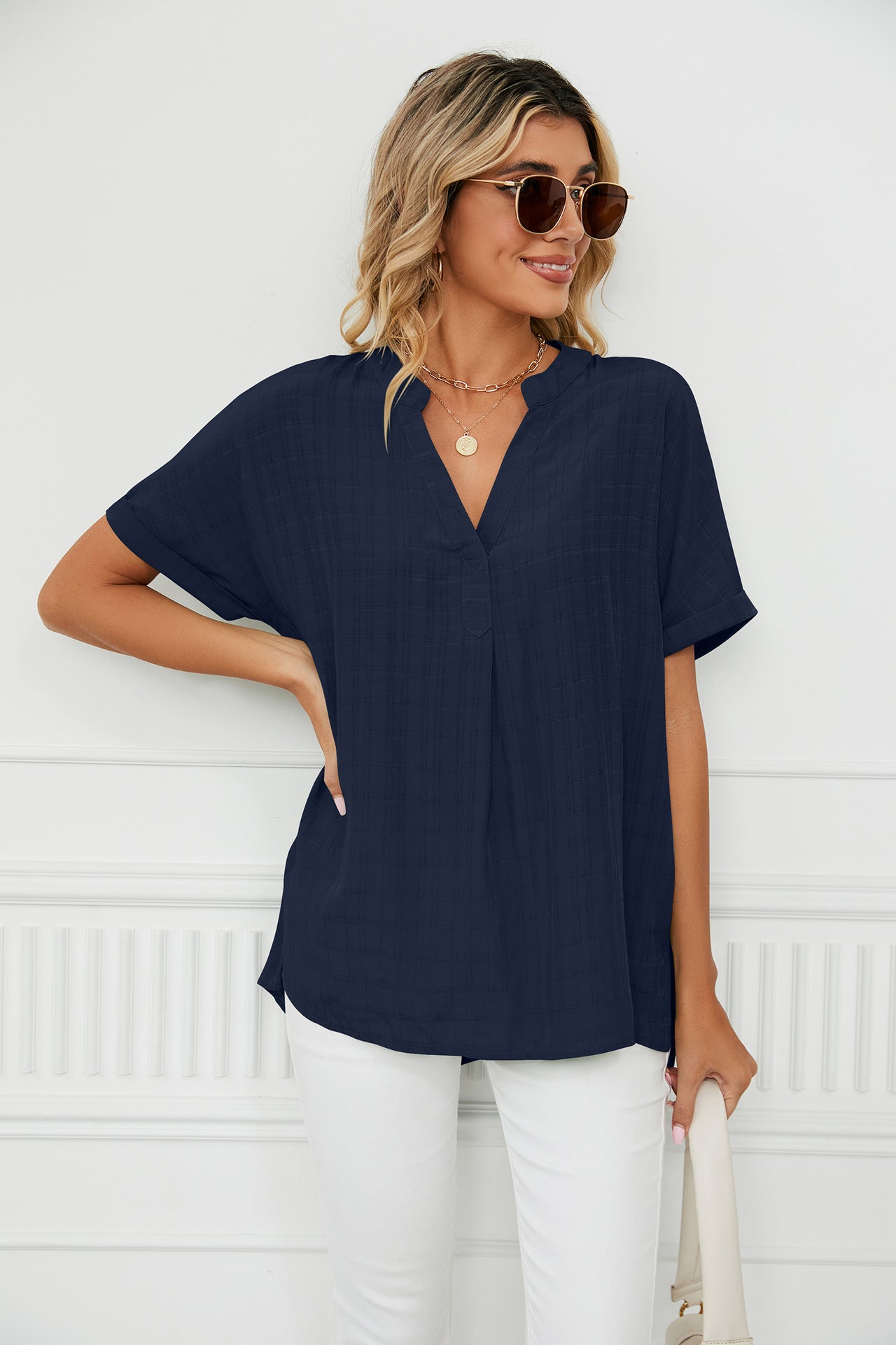 Chance Collared Woven Top - Navy Ins Street