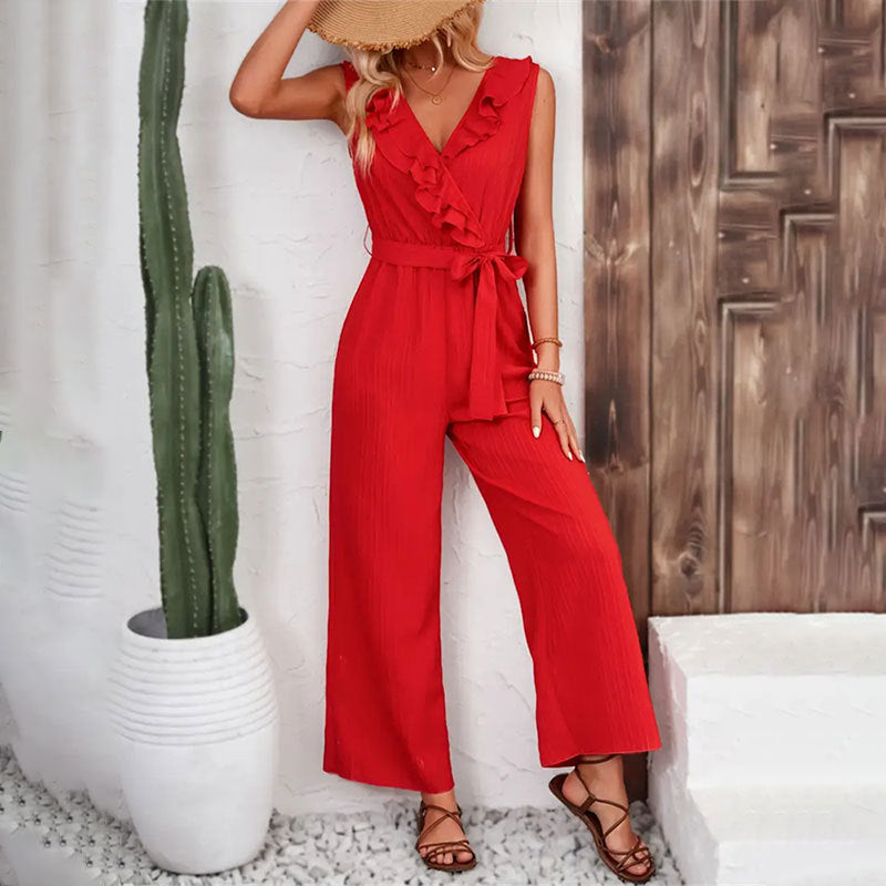 The Essential Pocketed Tie Jumpsuit - Red SUGA-001