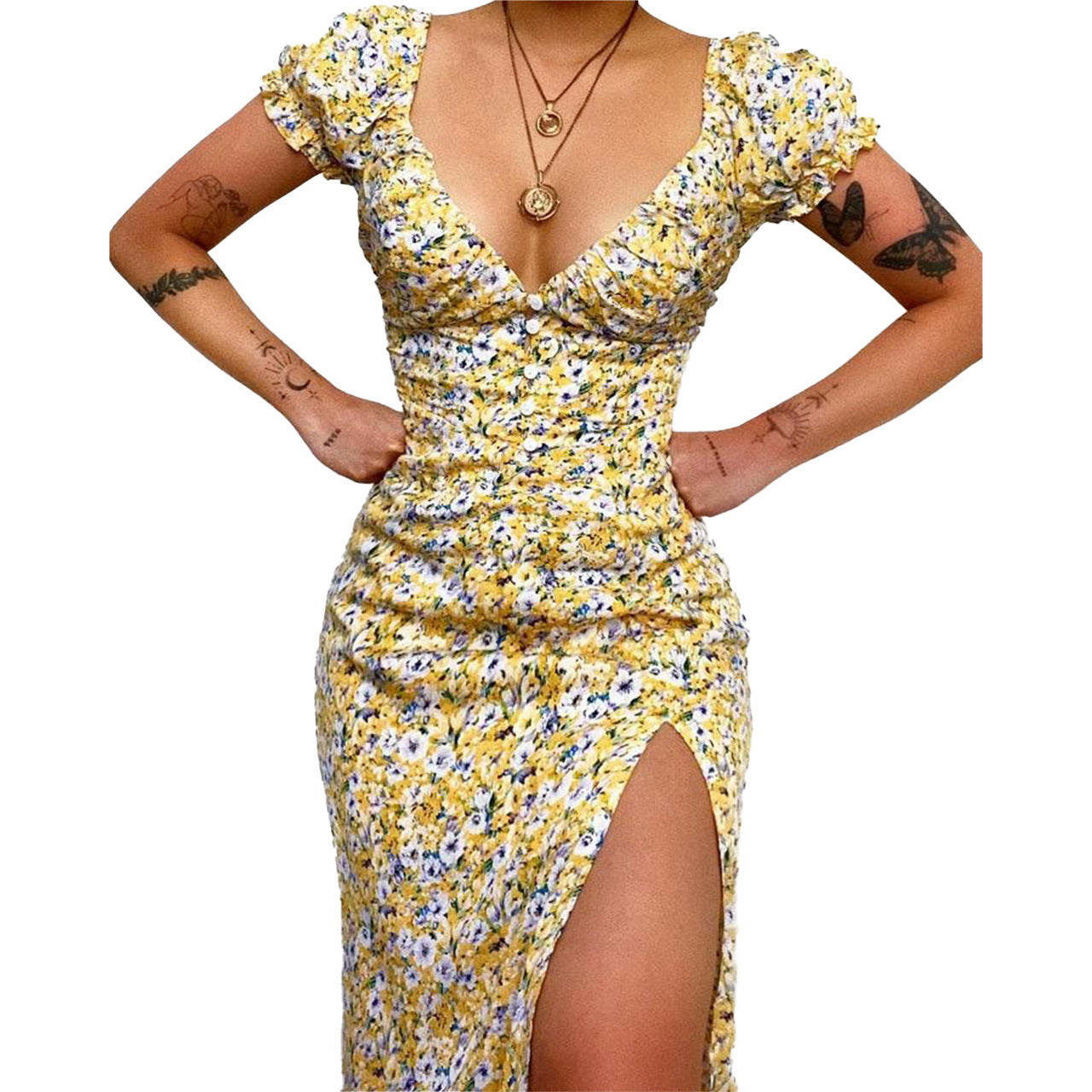 Deep V-Neck Short Sleeve Printed Mini Dress ins