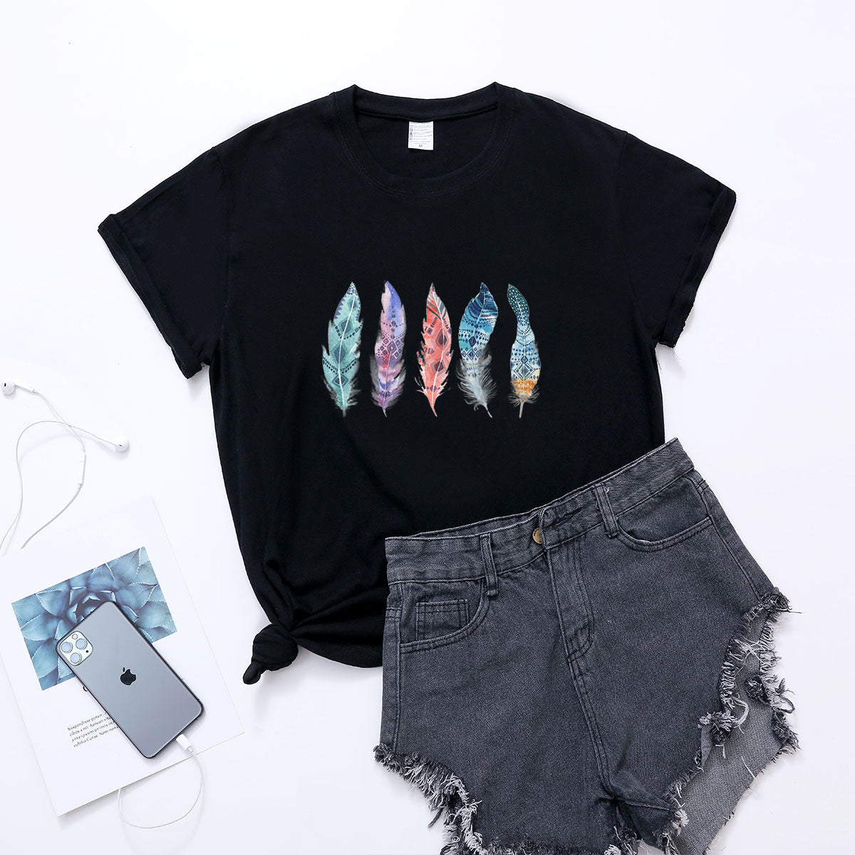 Boho Feathers Cotton Tee InsStreet