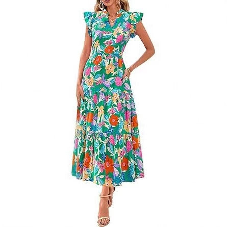 V-Neck Pleated Flying Sleeves Printed Midi Dress Ins street