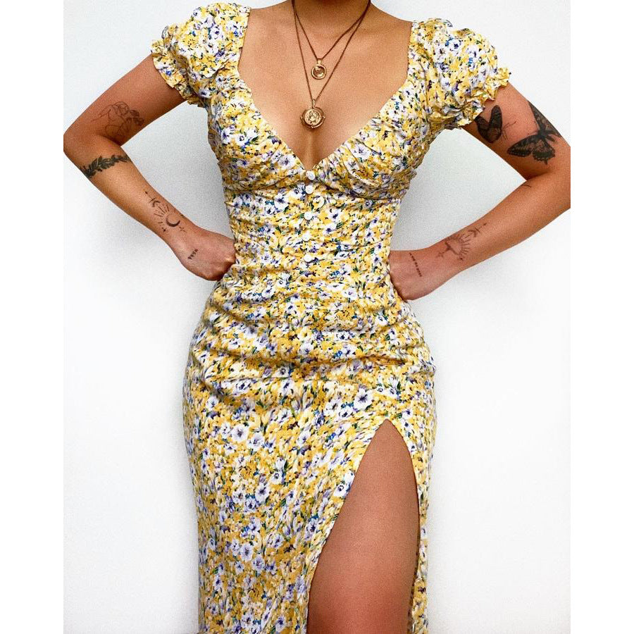 Deep V-Neck Short Sleeve Printed Mini Dress ins