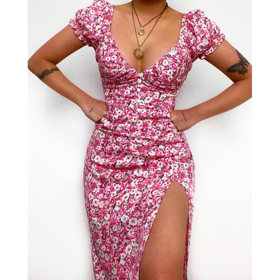 Deep V-Neck Short Sleeve Printed Mini Dress ins