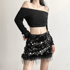 Glitter Women Sequin Feather Tassel Mini Skirt InsStreet