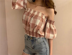 Prisha Cotton Plaid Off The Shoulder Top - FINAL SALE Ins Street