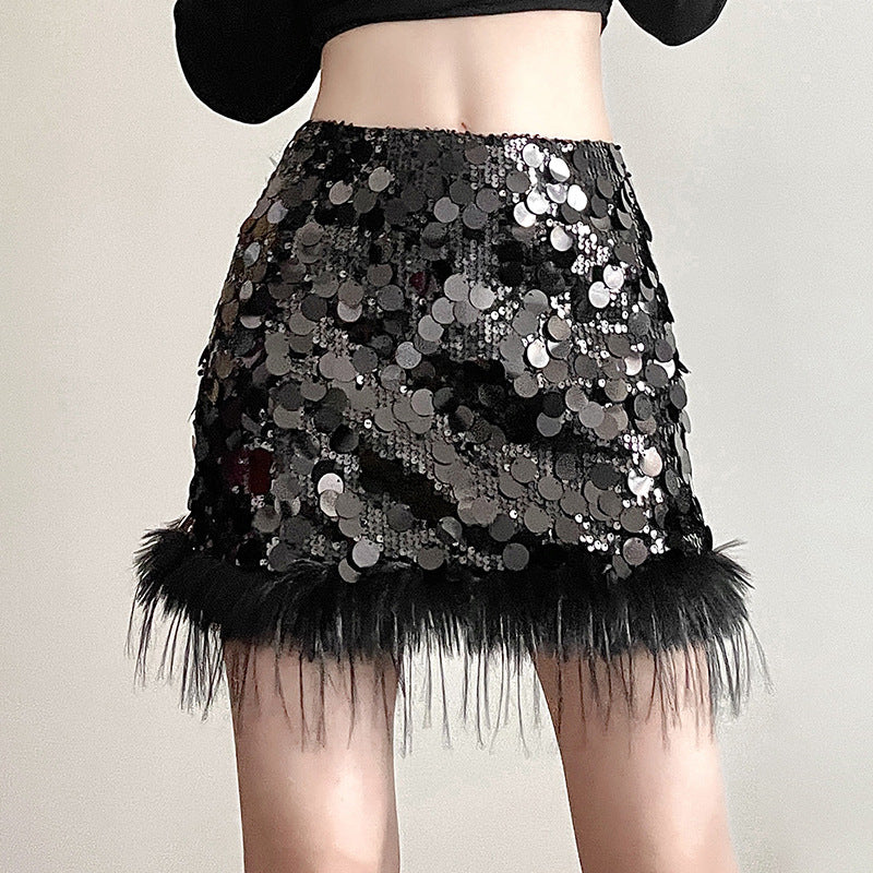 Glitter Women Sequin Feather Tassel Mini Skirt InsStreet