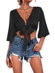 Angel Dust Bell Sleeve Tie Front Crop Top - Tomato Red TYCH-001