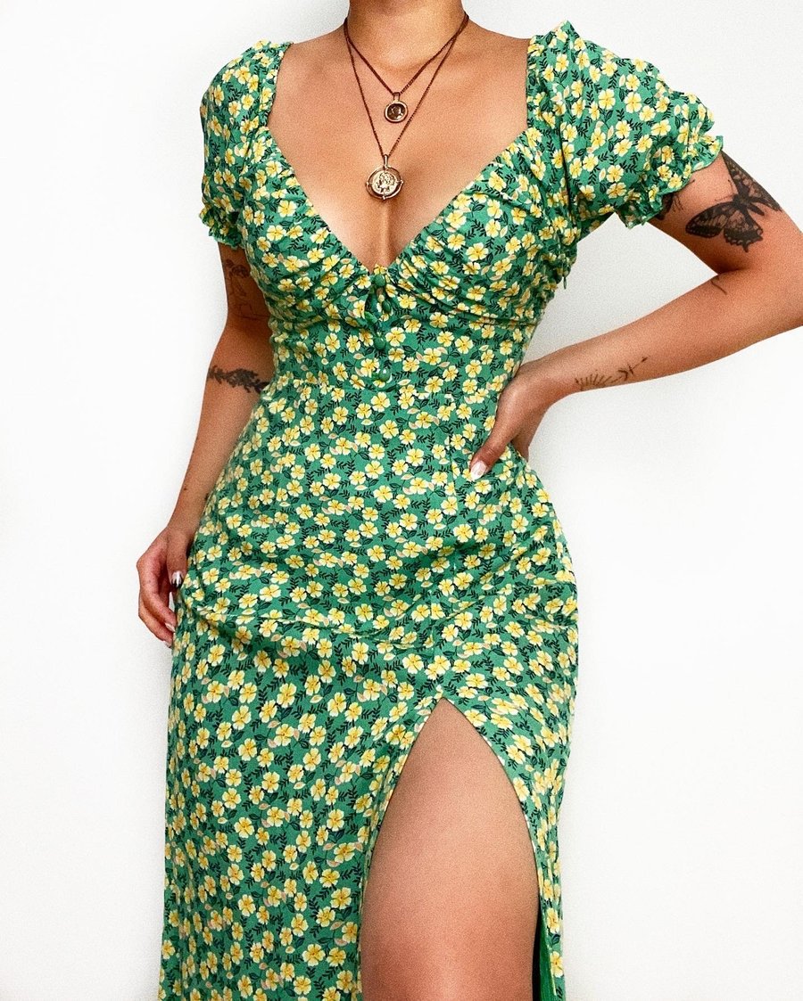 Deep V-Neck Short Sleeve Printed Mini Dress ins