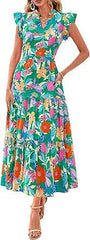 V-Neck Pleated Flying Sleeves Printed Midi Dress Ins street